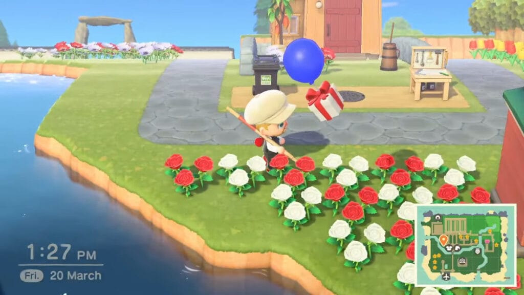 The player looks at a floating gift in Animal Crossing New Horizons