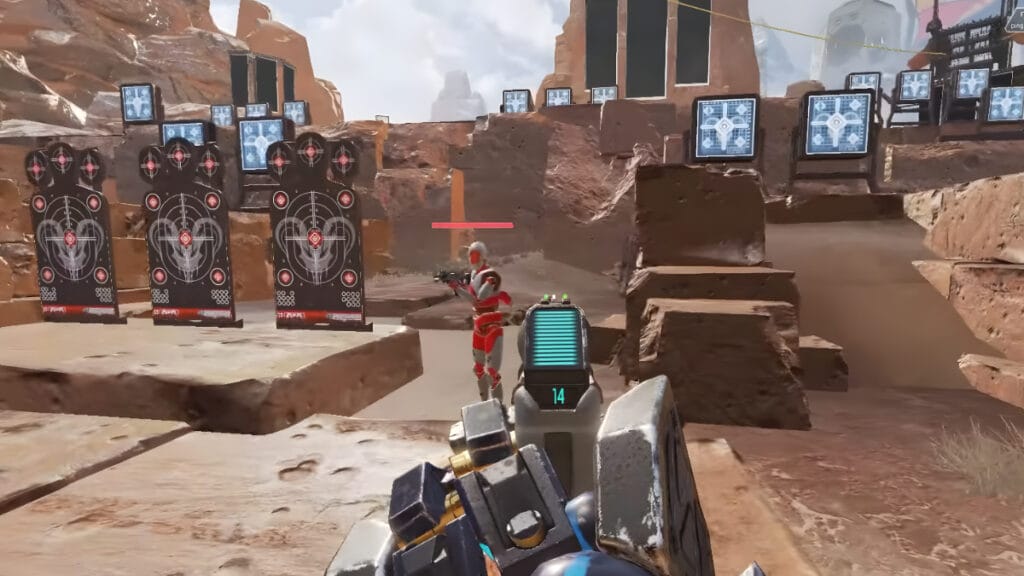 The player aims at a bot using aim assist on controller in Apex Legends