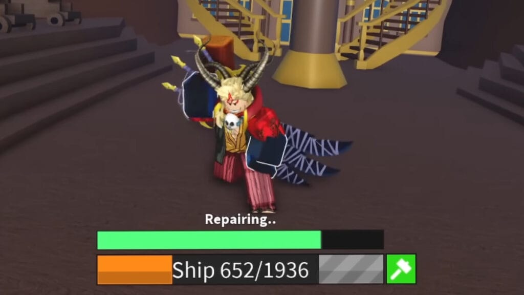 Ein Charakter mit der Unterklasse Shipwright repariert ein Schiff, bevor andere Unterklassen in Blox Fruits veröffentlicht werden