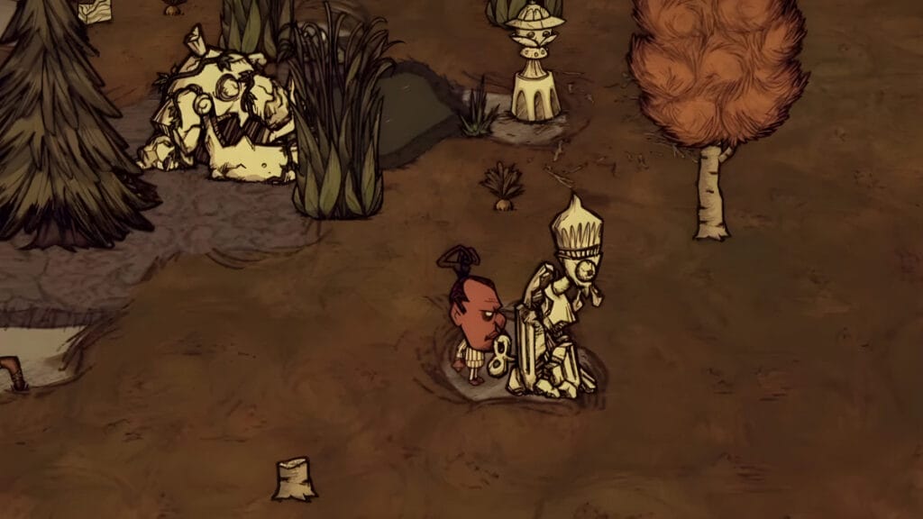 The player puts together a Clockwork Sculpture using Suspicious Marble in Don't Starve Together