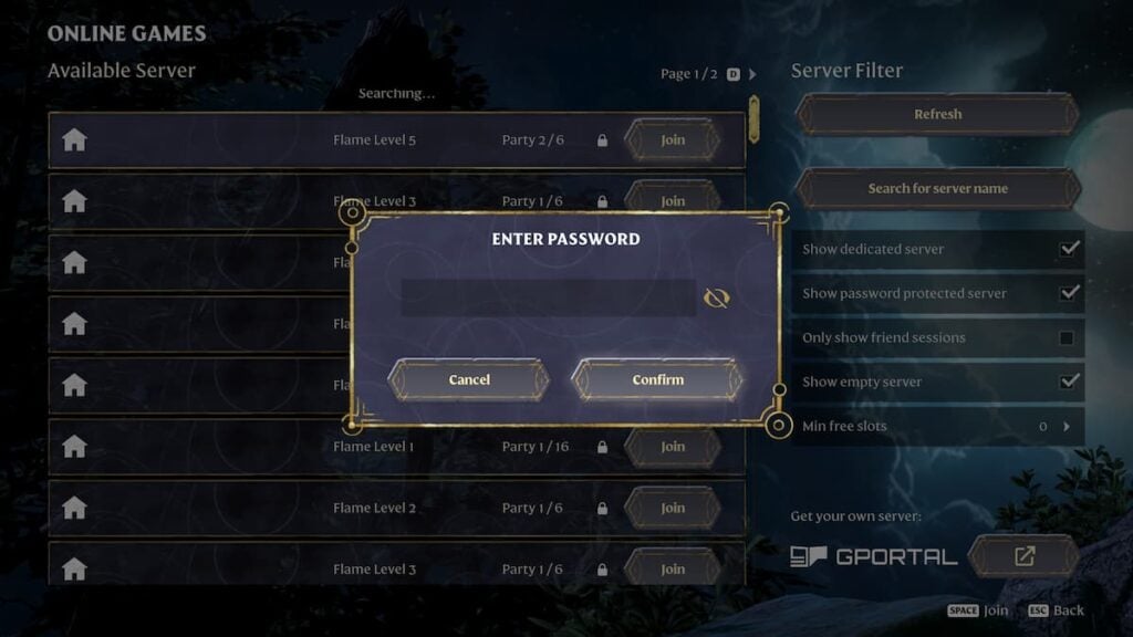 Entering password in Enshrouded online co-op menu