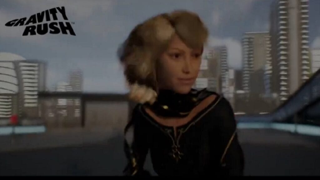 There is a shot of Kat from the Gravity Rush movie. She is standing atop of a building, and there are buildings behind her.