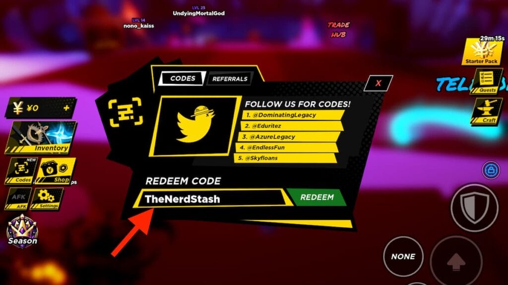 redeeming codes in Anime Ball on Roblox