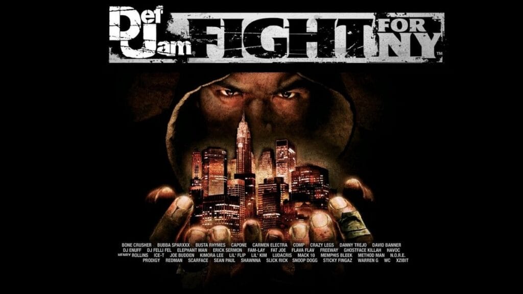 There is an image of a person holding a small version of New York City in their hand. The Def Jam Fight For NY logo is above them, with a list of rappers at the bottom.