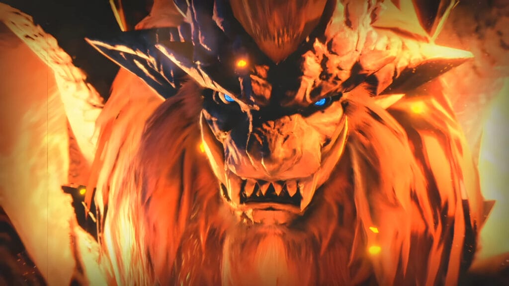 A close-up of Teostra, a boss in Monster Hunter World against whom you can use Elderseal