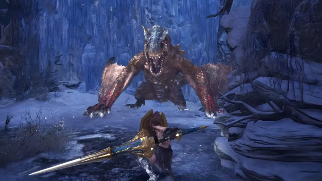 A character poses with a spear while facing off against a dragon in Monster Hunter: World