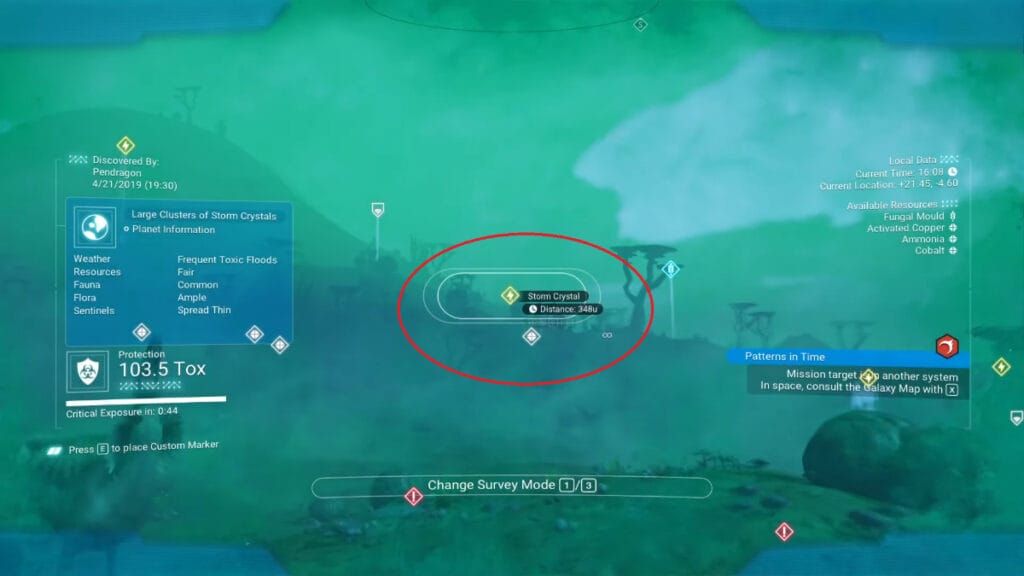 The player's scanner showing how to get a Storm Crystal in No Man's Sky