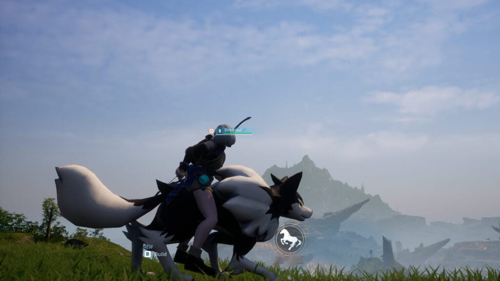 The player rides a Direhowl mount in Palworld