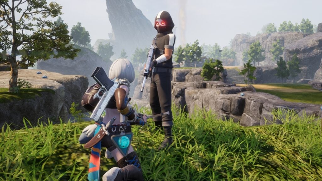 The player crouches beside a captured human in Palworld