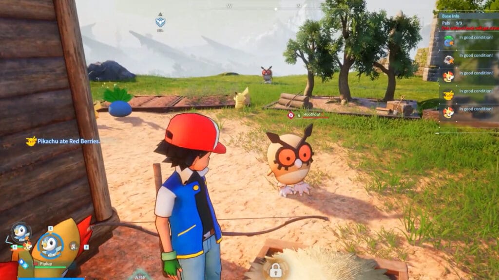 Ash stands in his base looking at one of his Pokemon in Palworld's Pokemon mod