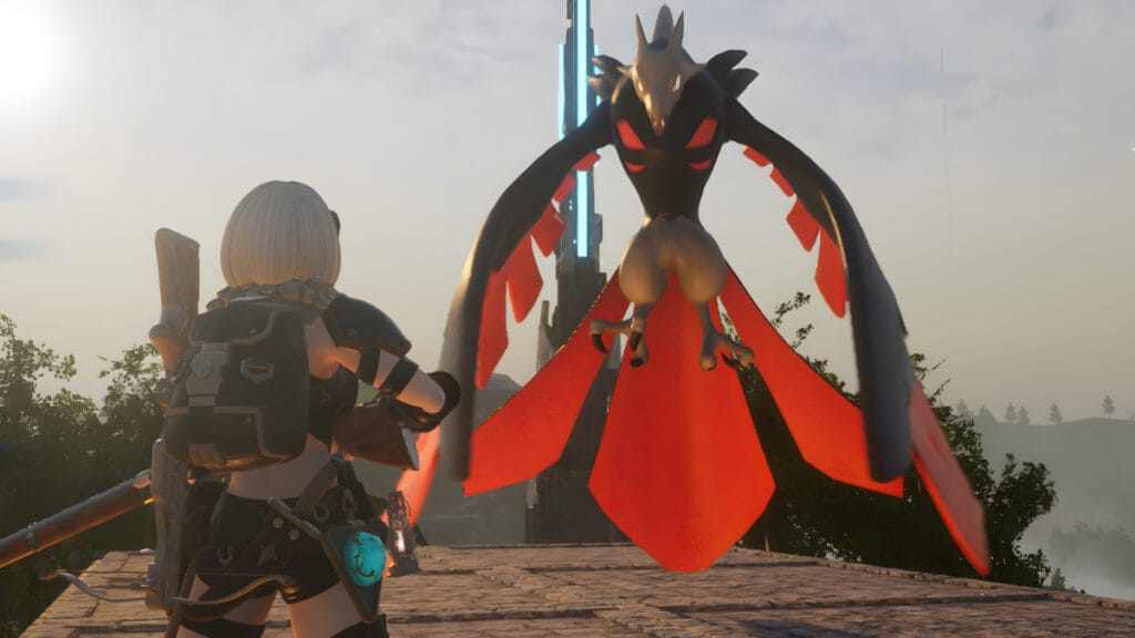The player poses beside Vanwyrm in Palworld