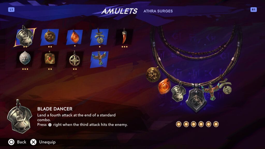 Prince of Persia The Lost Crown Amulets Menu