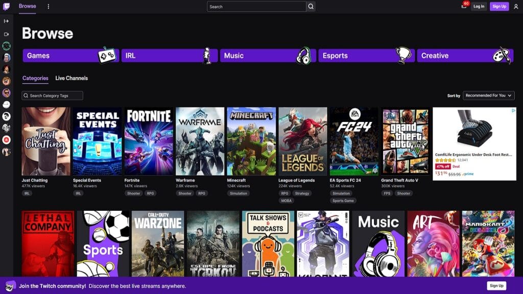 There is a shot of the Twitch Browsing home page. There are multiple categories and games shown for live streams to watch.