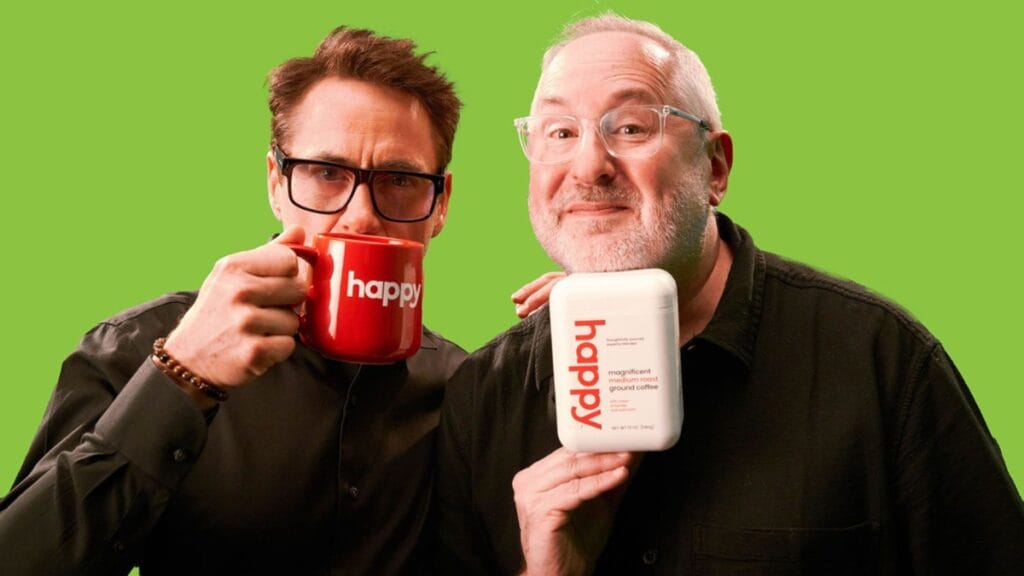 Co-founders Craig Dubitsky and Robert Downey Jr. sporting Happy Coffee to help mental health causes