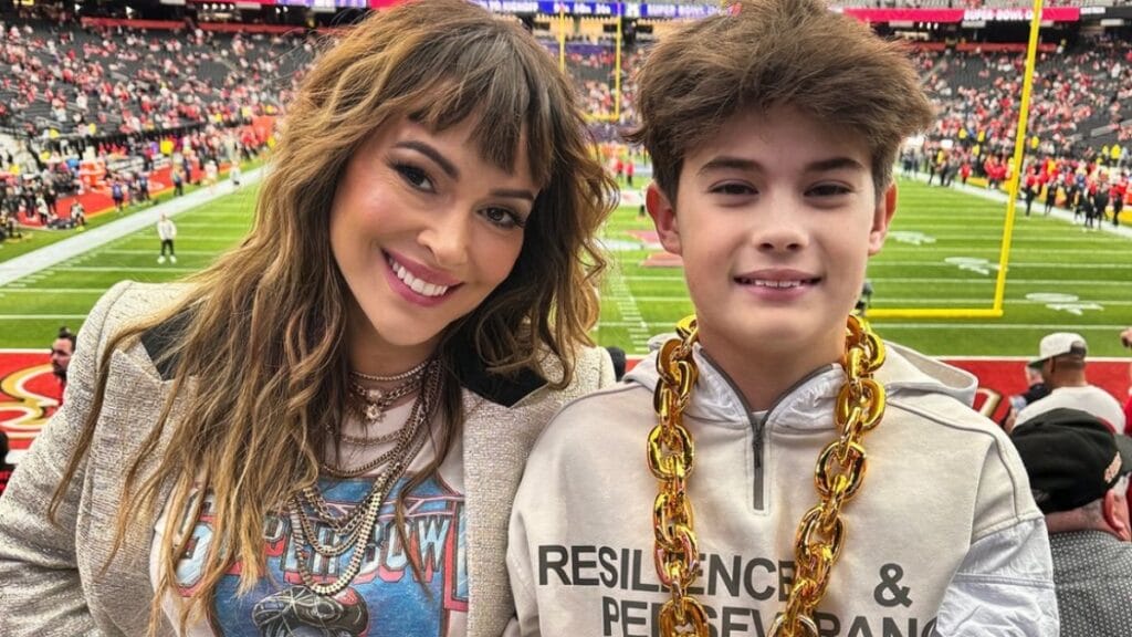Alyssa Milano and her son at Super Bowl LVIII