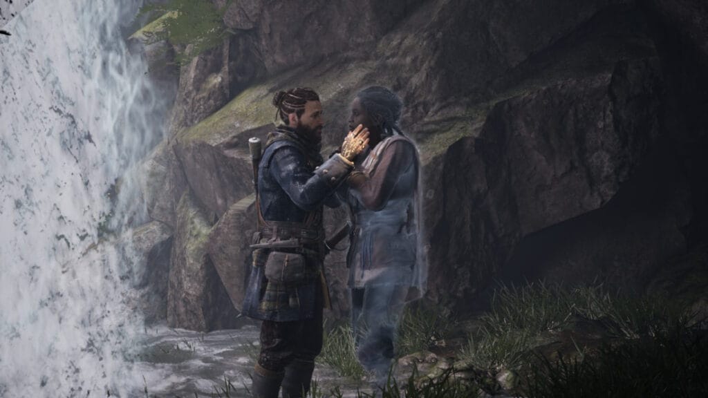 Red and Antea embrace beside a waterfall in Banishers: Ghosts of New Eden