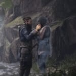 Red and Antea embrace beside a waterfall in Banishers: Ghosts of New Eden