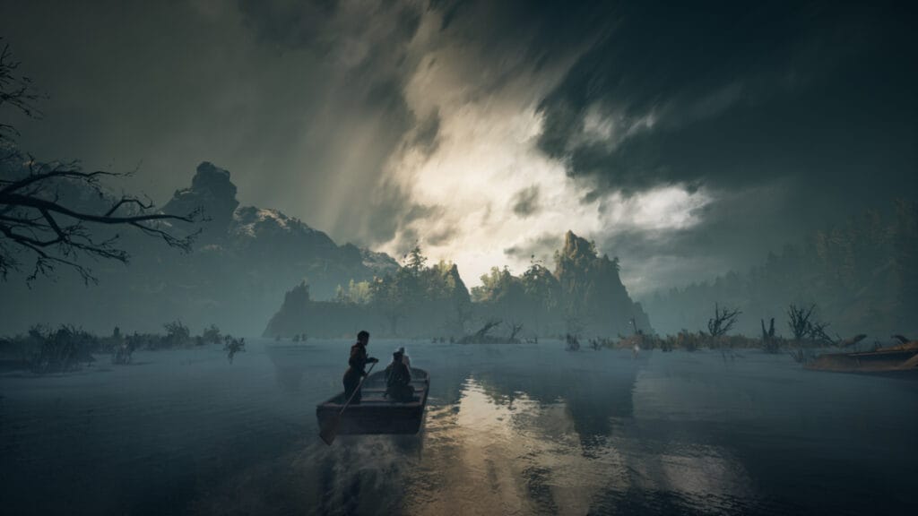 The player takes a boat ride across an eerie lake in Banaishers: Ghosts of New Eden