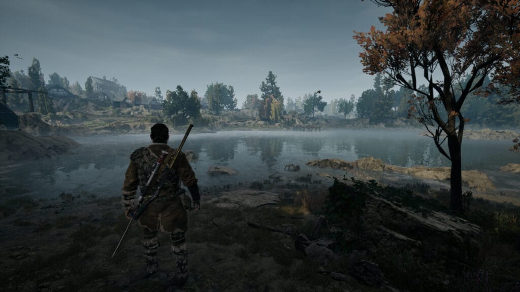 Red stands at the edge of a gloomy lake in Banishers: Ghosts of New Eden
