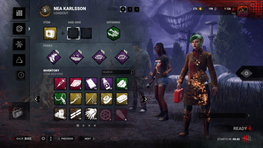 A survivor looks at their perks in the lobby of Dead by Daylight