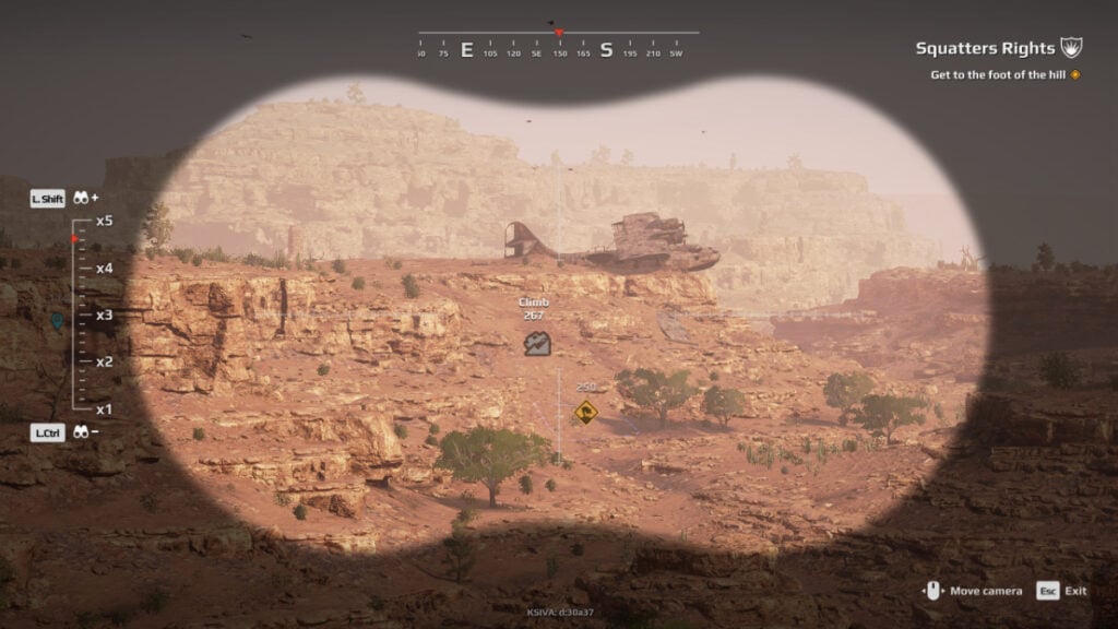 The player uses binoculars to scout a crashed airplane in Expeditions: A MudRunner Game