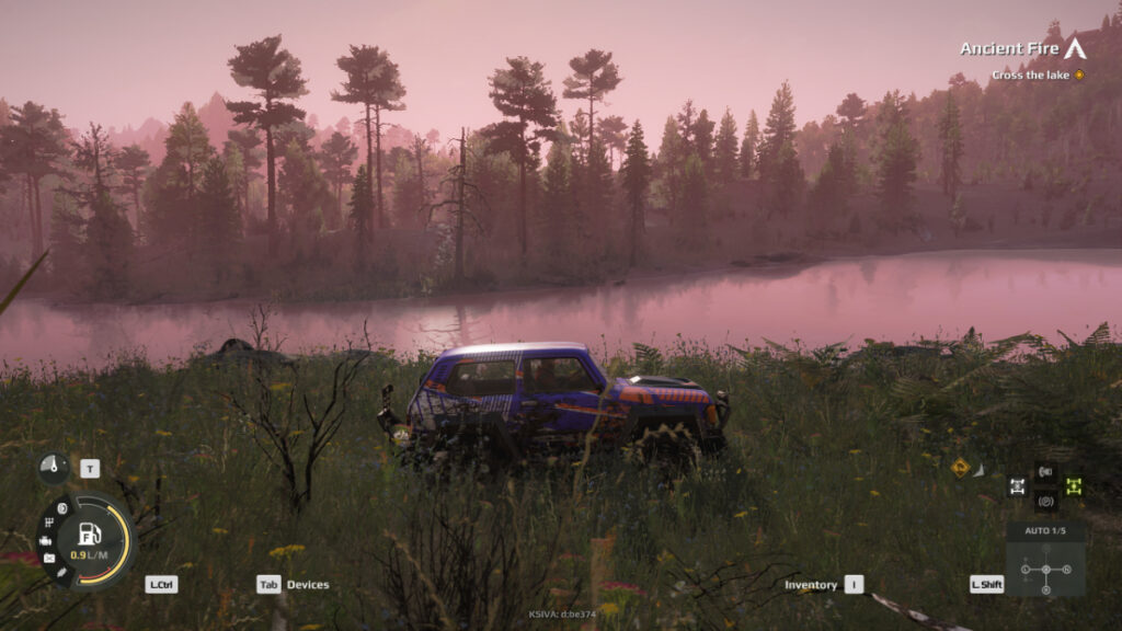 A car rolls through tall grass beside a swamp