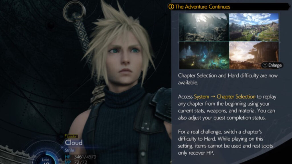 An in-game blurb explains Hard More and Chapter Select, the closest that Final Fantasy 7 Rebirth comes to New Game Plus