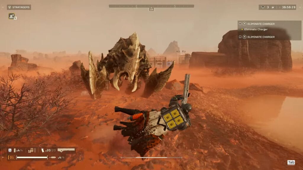 The player dodges the Charger they're trying to kill in Helldivers 2