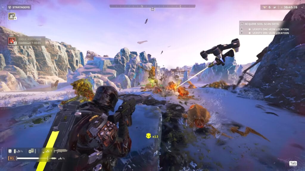 A solo player fights alongside the Guard Dog Rover in Helldivers 2
