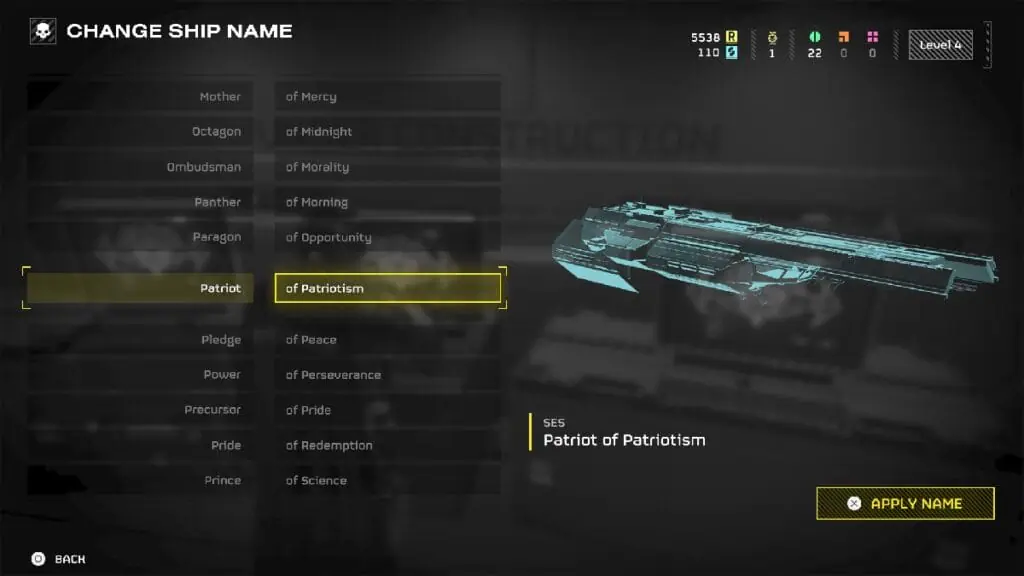 Helldivers 2 Ship Names Patriot of Patriotism