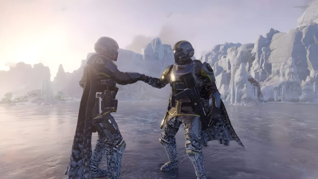 Two soldiers fistbump in Helldivers 2