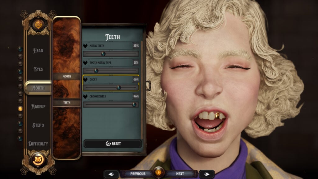 A Nightingale character shows off their teeth in the character creation screen