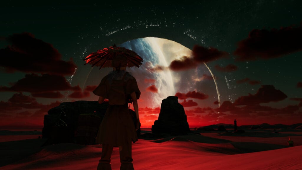 The player looks at a desert moon in Nightingale