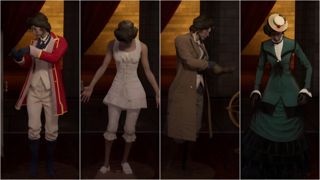 A character poses in four different starting outfits in Nightingale