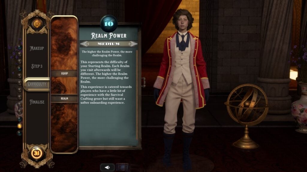 An officer poses beside an explanation of how realm power and difficulty work in Nightingale