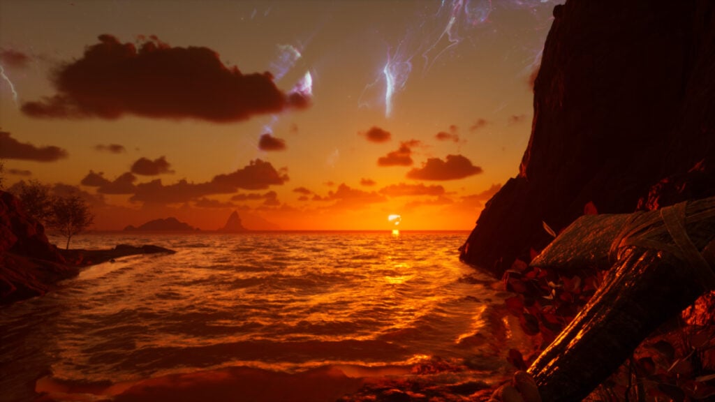 The sun casts an orange glow over the sea at dusk in Nightingale in a Realm affected by Realm Cards