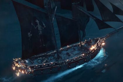 A ship with the pre-order bonus Ashen Corsair cosmetic in Skull and Bones