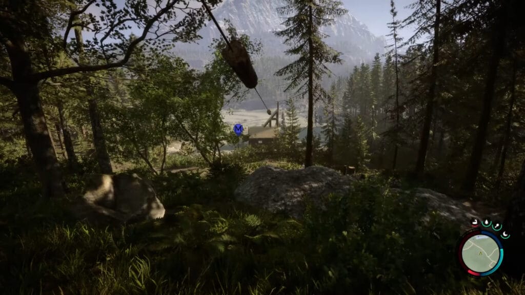 The player uses a zipline to deliver logs while base building in Sons of the Forest