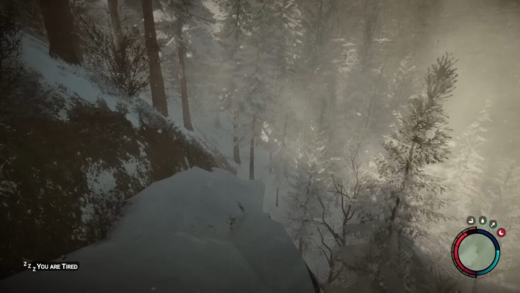 The player looks at a sheer snow slope that would be perfect for base building in Sons of the Forest
