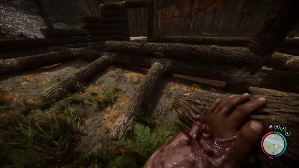 The player builds a log foundation for their base in Sons of the Forest