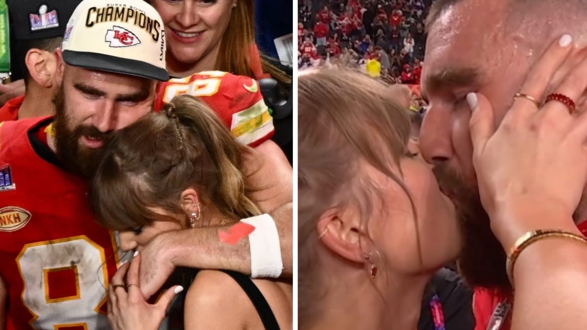 Taylor Swift and Travis Kelce share hugs and kisses after his Super Bowl win