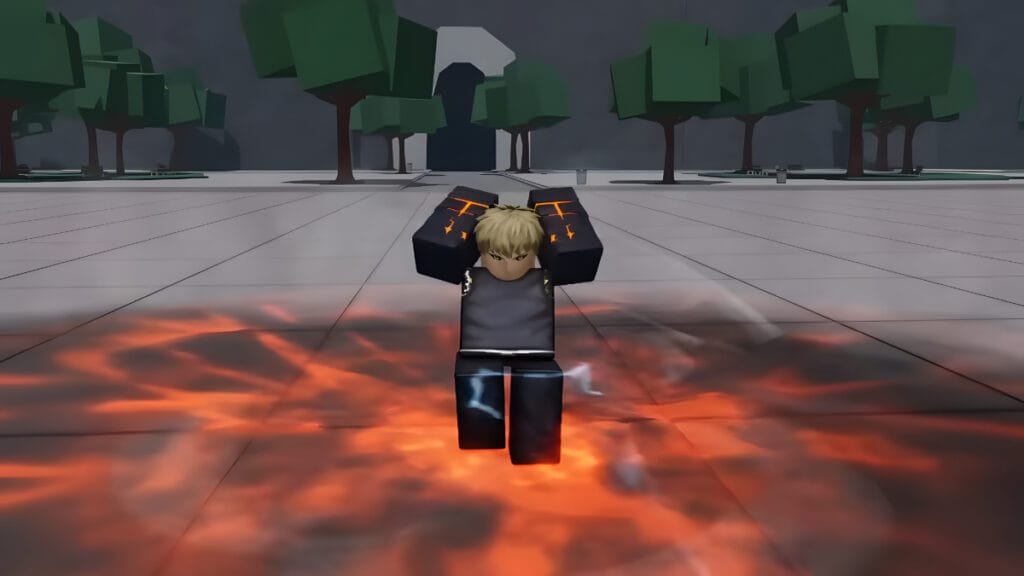 A player triggers their special ability, creating an area of lava in The Strongest Battlegrounds
