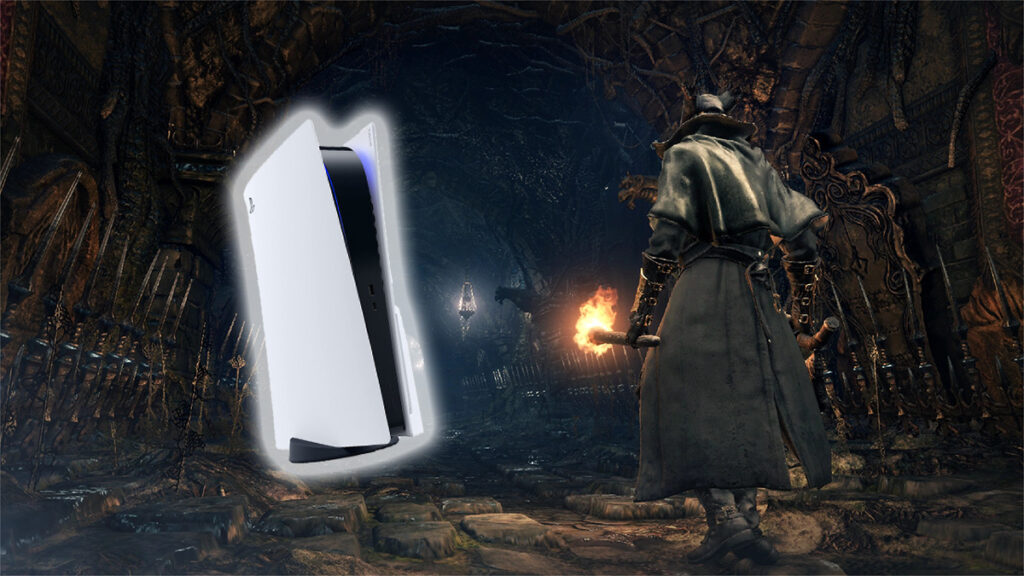 A screenshot from Bloodborne (2015) with a PlayStation 5 added on the left