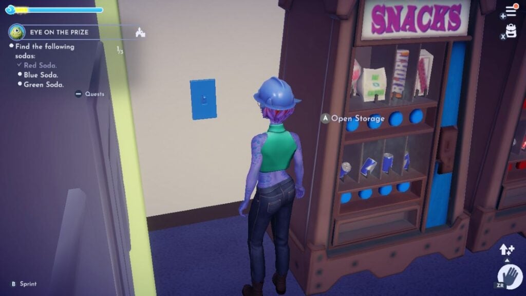 Flip the switch to turn on the blue vending machine and get a Blue soda for Mike