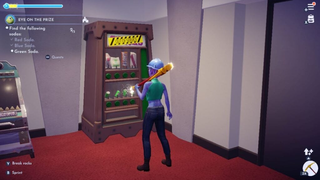 Use your pickaxe to get the Green Soda from the green vending machine for Mike