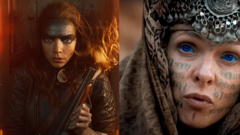 A shot of Anya-Taylor Joy from the Furiosa trailer and Rebecca Ferguson from Dune: Part Two