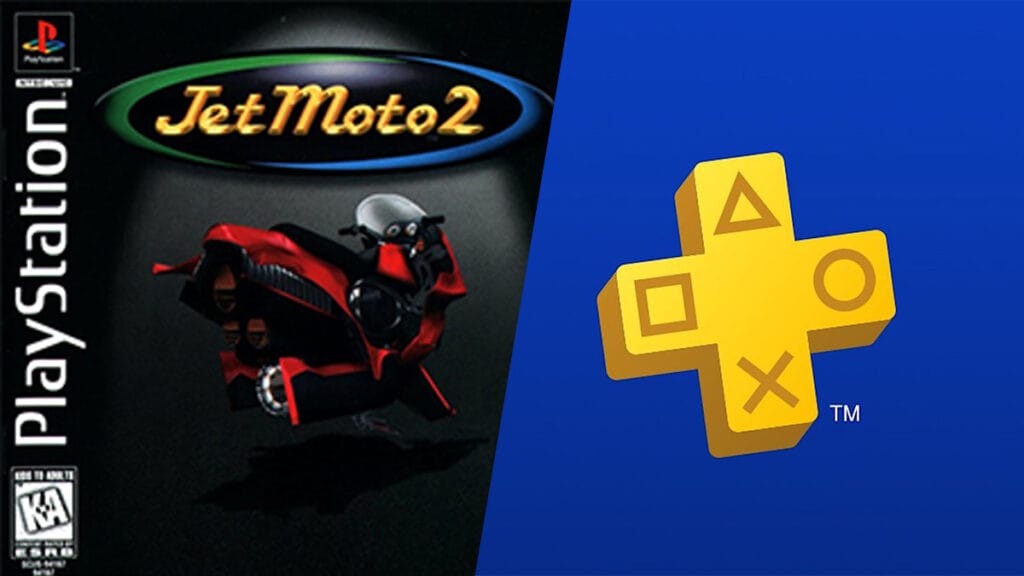 Jet Moto 2 cover art for the PS1 and the PS Plus Logo