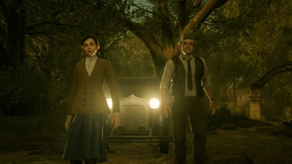 Emily and Edward stand beside their car in Alone in the Dark