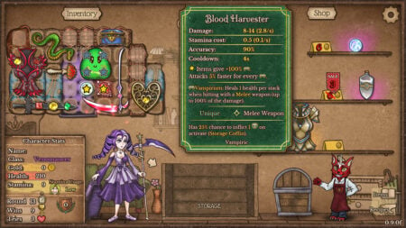 The Reaper examines her unique Blood Harvester Scythe in Backpack Battles.