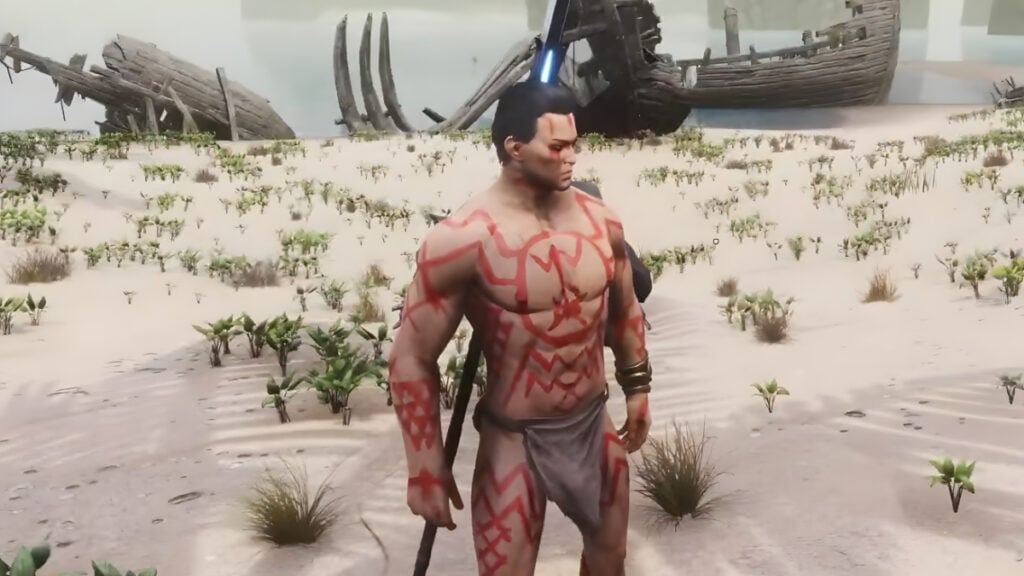 Wojownik pokazuje swoje malowanie ciała w rozdziale 4 Conan Exiles